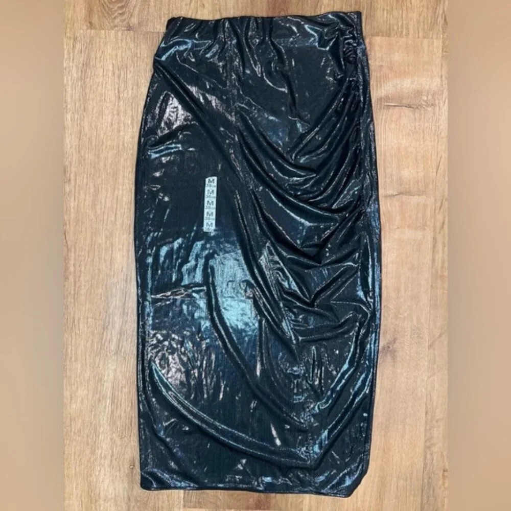 NWT ZARA Shiny Gathered Midi Skirt Elastic Waistband Back Slit 4770/629/836 Sz M